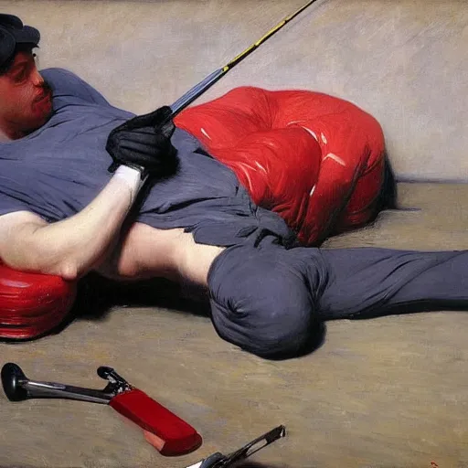 Prompt: painting of a hawk sits next a man lying on the floor with a golf club in his hand and pool of red liquid by his head by emile friant