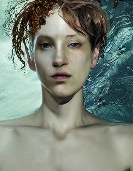 Prompt: still frame from Prometheus movie by Makoto Aida, hybrid dryad by Iris van Herpen painted by Caravaggio and by Yoshitaka Amano by Yumihiko Amano by Makoto Aida