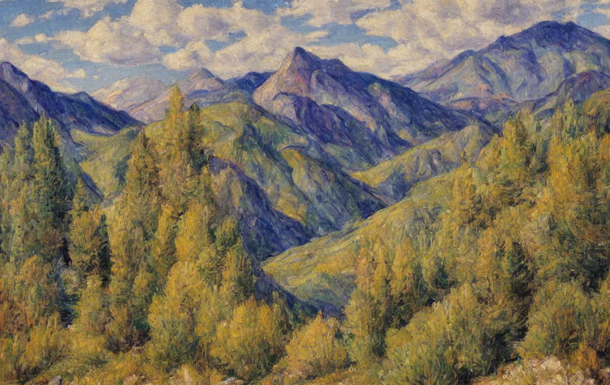 Prompt: Realist colorful impasto painting of the Salmon River mountains by Minerva Teichert, 4k scan, oil on canvas, visible brushstrokes