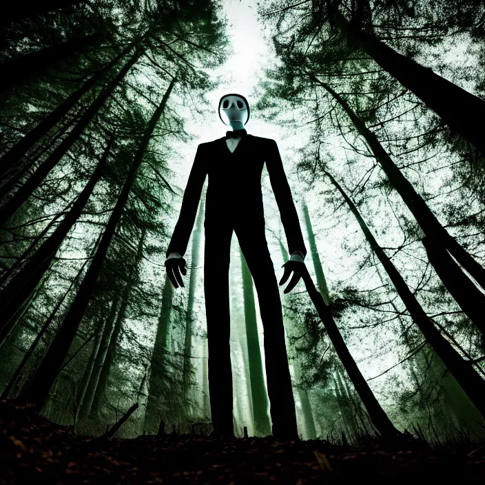 Image similar to cinematic still of slenderman in eerie dark forest, XF IQ4, f/1.4, ISO 200, 1/160s, 8K, RAW, dramatic lighting, symmetrical balance, in-frame