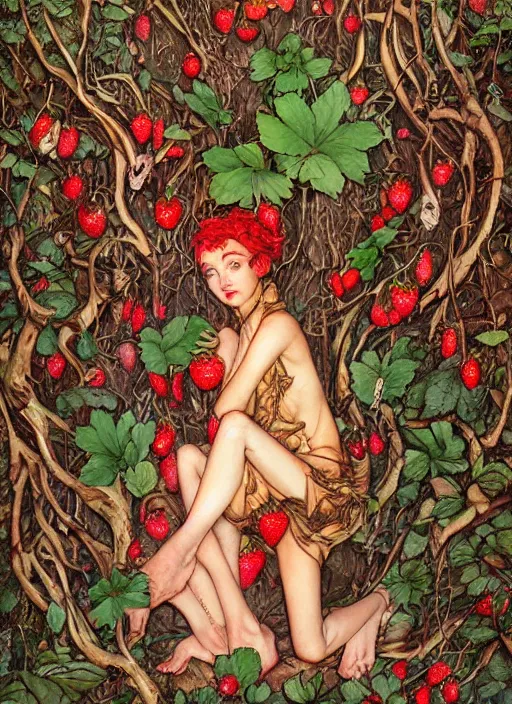 Image similar to lush strawberry forest fairy foliage painting carved in amber by chiara bautista and norman rockwell and greg rutkowski weta studio