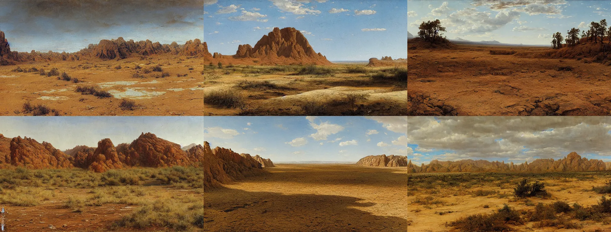 Prompt: dry desert plains with brown cliffs, muddy puddles, and deep pits, oil on canvas by Ivan Shishkin