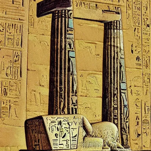 Prompt: a painting of an ancient egyptian temple in the shape of a cute cat by moebius