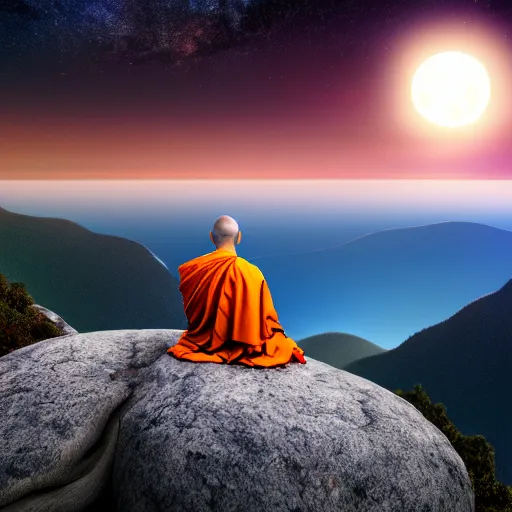 Image similar to high definition render of a monk on top of a mountain, full moon, milky way, galaxy, buddhism, 8 k, symbolic, intricate, detailed, raytracing, cinematic