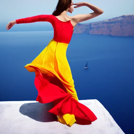 Image similar to beautiful modern dancer wearing a red, yellow, blue swirling dress, standing on a Santorini terrace looking down into the ocean, trending on artstation, cinematic, photorealistic