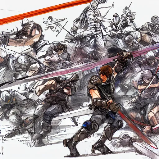 Prompt: one hero with sword vs army of swordsmen in the background, in the middle of an arena, crowd of people, pencil art, straight, clear, added detail, high definiton, colored, backfacing, by yoji shinkawa