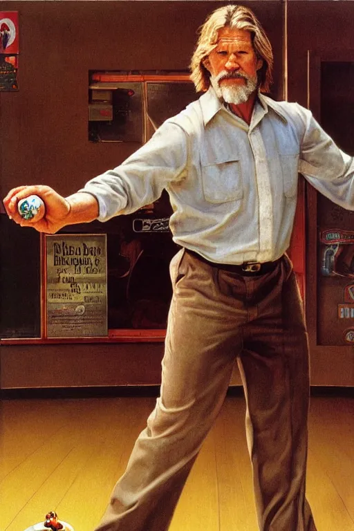 Image similar to Jeff Bridges from the movie The big Lebowski playing bowling painted by Norman Rockwell