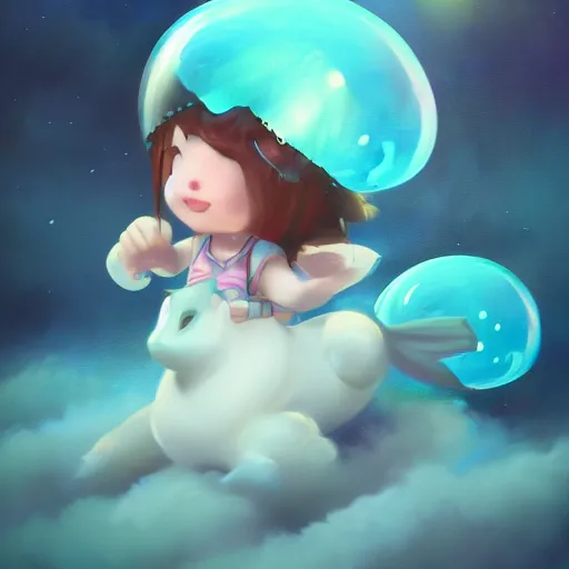 Prompt: cinematic portrait of cute aqua Mew riding large blue bubble, oil on canvas, epic masterpiece, trending on artstation, featured on pixiv, cinematic composition, dramatic pose, beautiful lighting, sharp, details, hyper-detailed, HD, HDR, 4K, 8K