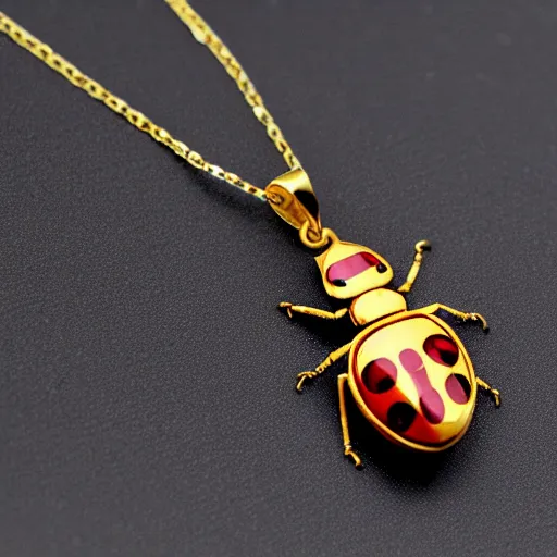Image similar to a ladybug, as a diamond pendant on a gold chain