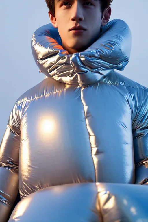 Image similar to un ultra high definition studio quality photographic art portrait of a young man standing on the rooftop of a british apartment building wearing soft baggy inflatable padded silver iridescent pearlescent clothing. three point light. extremely detailed. golden ratio, ray tracing, volumetric light, shallow depth of field. set dressed.