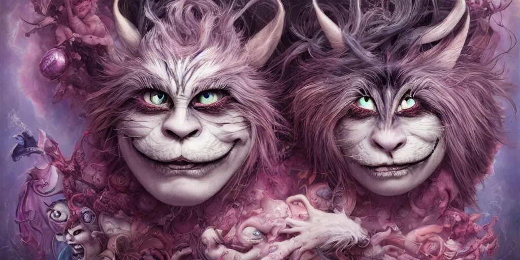 Image similar to dream portrait of Cheshire Cat from Alice in Wonderland,full character, melting ,8k,by tristan eaton,Stanley Artgermm,Tom Bagshaw,Greg Rutkowski,Carne Griffiths, Ayami Kojima, Beksinski, Giger,trending on DeviantArt,face enhance,hyper detailed,minimalist,horror, android, full of colour