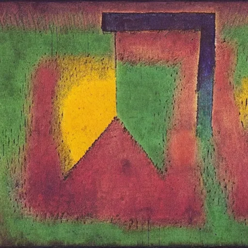 Prompt: archaic symbol for transformation, matte painting by paul klee, shrouded in realistic prismatic smoke