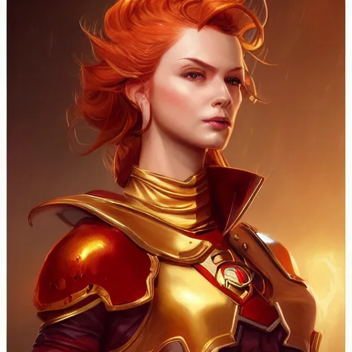 Image similar to female artificer, arrogant, D&D, fantasy, portrait, highly detailed, digital painting, artstation, concept art, sharp focus, illustration, art by artgerm and greg rutkowski and magali villeneuve, red white and gold color scheme