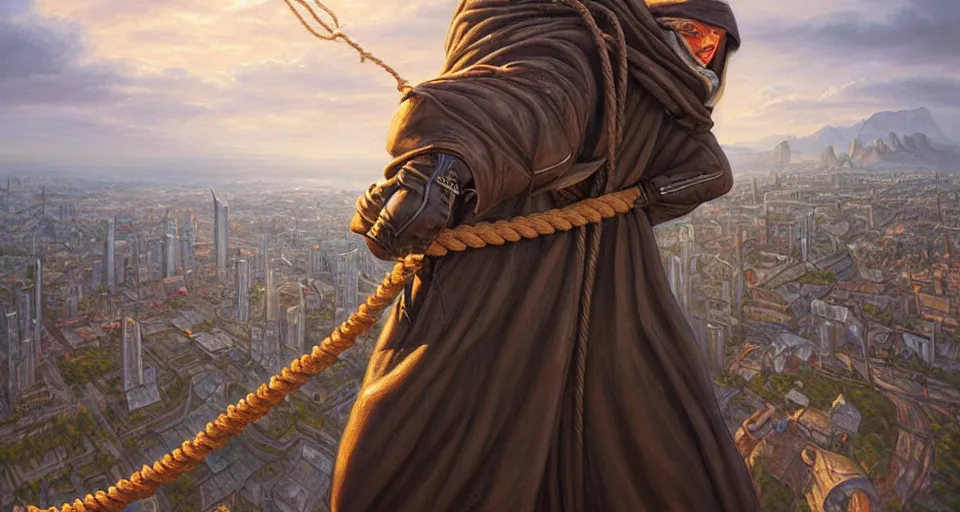 Image similar to landscape painting of a hooded thief in leathers using a rope to climb a tall building with a fantasy city, fine details, magali villeneuve, artgerm, rutkowski