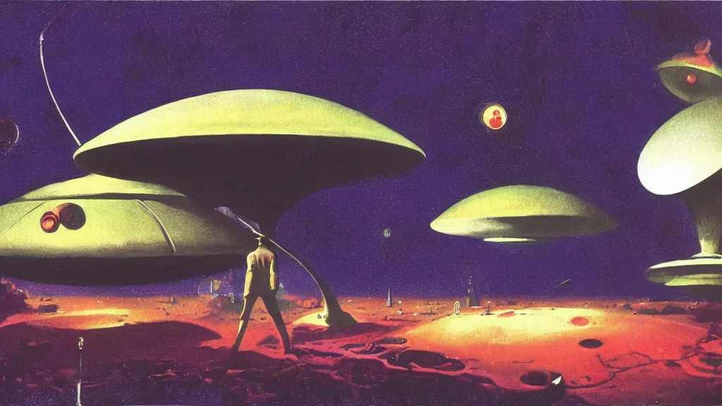 Image similar to flying saucer design by paul lehr and jack gaughan and john schoenherr, cinematic matte painting