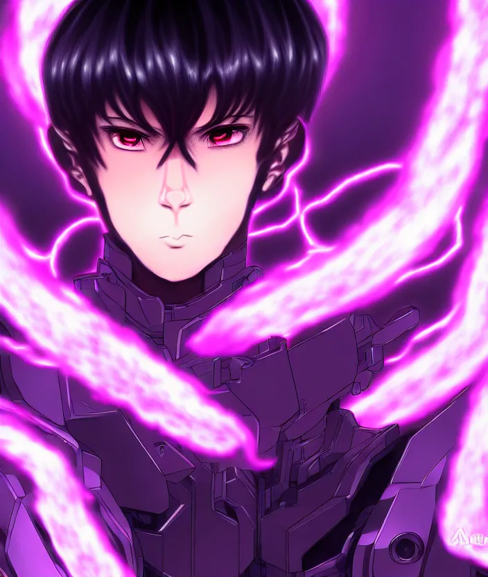 Image similar to a detailed manga illustration character full body portrait of a dark haired cyborg anime man wreathed in purple fire, trending on artstation, digital art, 4 k resolution, detailed, high quality, sharp focus, hq artwork, insane detail, concept art, character concept, character illustration, full body illustration, cinematic, dramatic lighting