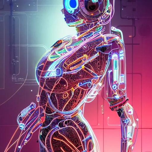 Prompt: a beautiful body of a bot fighter pilot woman mostly made of wires and electronic circuits led luminous, an ultrafine detailed illustration by james jean, final fantasy, intricate linework, bright colors, behance contest winner, vanitas, angular, altermodern, unreal engine 5 highly rendered, global illumination, radiant light, detailed and intricate environment