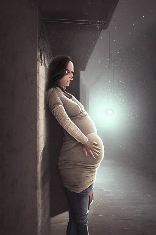 Image similar to pregnant woman under street light, highly detailed, sharp focused, ultra realistic digital concept art by Greg Olson