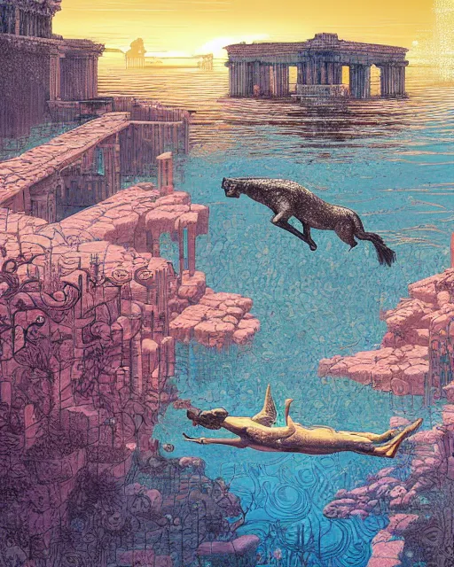 Image similar to a horse swimming in the water by abandoned ancient greek architecture submerged in water, digital art, illustrated by james gurney and victo ngai