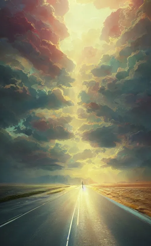 Image similar to paperback book cover by wlop. pure colors, melting clouds, accurately drawn details, a sunburst above a receding road with the light reflected in furrows and ruts, after rain. photorealistic. octane render. cinematic. trending on artstation. textless.