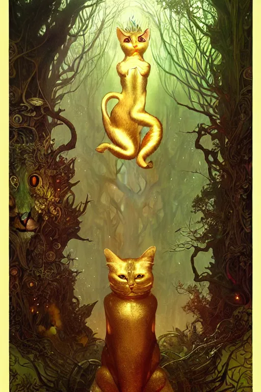 Image similar to gold cat god doing magic in the gnarly forest by Android Jones, tom bagshaw, mucha, karl kopinski