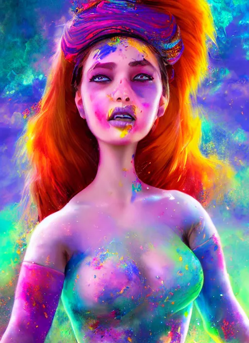 Prompt: An epic fantasy comic book style full body portrait painting of a very beautiful vibrant holi nebulapunk girl, awesome pose, character design by Mark Ryden and Pixar and Hayao Miyazaki, unreal 5, DAZ, hyperrealistic, octane render, cosplay, RPG portrait, dynamic lighting, intricate detail, summer vibrancy, cinematic