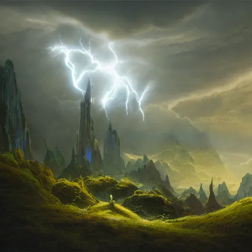 Image similar to a beautiful detailed realistic matte painting of close - up of a magical wizard looking towards a serene landscape with an eerie dark magic lightning portal to another dimension, by john howe and alexander skold and andreas rocha. vray, raytracing, detailed lighting, volumetric lighting, cinematic lighting, very wide shot, f 8