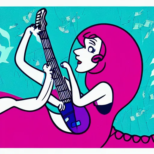 Image similar to illustration in the style of the jetsons of a mermaid playing an stratocaster electric guitar, 3 colour screen print