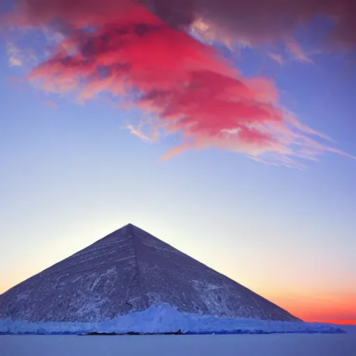 Image similar to huge pyramid in Antarctica, war, real, blue sky, smoke, red clouds, detailed, award winning, photograph, cinematic