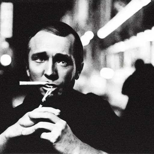 Image similar to retro photograph of a Putin smoking a cigarette in Japan at night, Kodak film photo