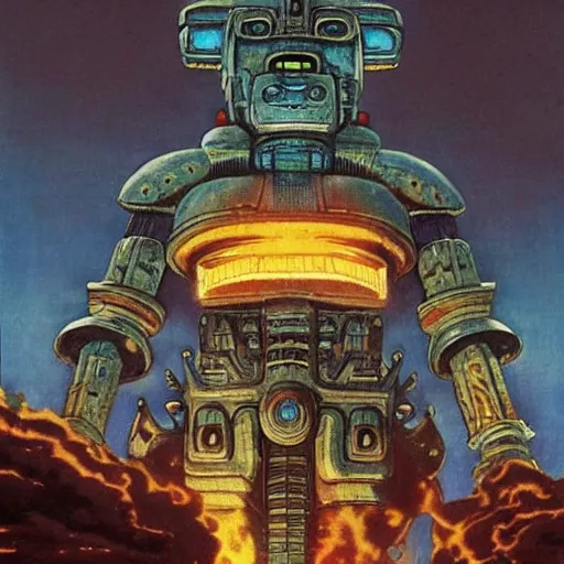 Image similar to giant mayan mecha with flaming eyes standing over city, perfectly clear face, shadow of the colossus screenshot by j. c. leyendecker, studio ghibli, and beksinski