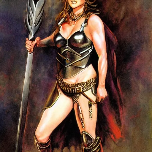 Image similar to portrait of lucy lawless wearing armor and holding sword by frank fazetta, fantasy, barbarian