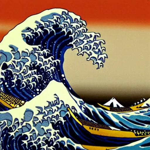 Prompt: the great wave off kanagawa with a red river raft