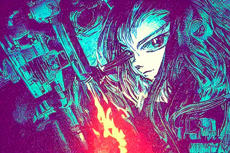 Prompt: hellmetal, in the style of john avon and derek riggs and eva widermann, trending on artstation, halfrear lighting closeup view anaglyph filter, bokeh, anime, colored pencil art, belle epoque