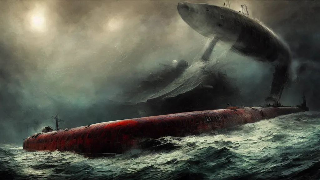 Image similar to soviet submarine destroyed by giant squid, stormy ocean, intricate, detailed, volumetric lighting, sharp focus, scenery, digital painting, highly detailed, concept art, ruan jia, steve mccurry