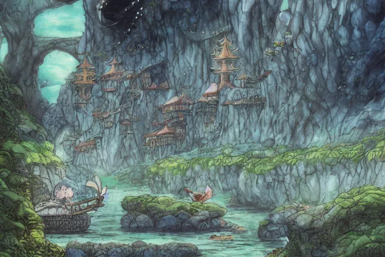 Prompt: dark fantasy land, painting, water color, ghibli, hayao miyazaki, concept art, detailed, nobuyuki yanai, hiroshi matsuyama, hiroyuki maeda