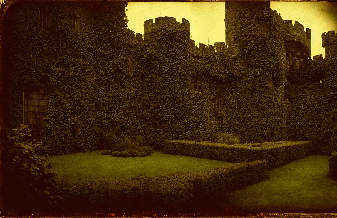 Image similar to sequestered corner of a garden within a castle walls intact flawless ambrotype from 4 k criterion collection remastered cinematography gory horror film, ominous lighting, evil theme wow photo realistic postprocessing nile river 5 meo painting by claude gellee