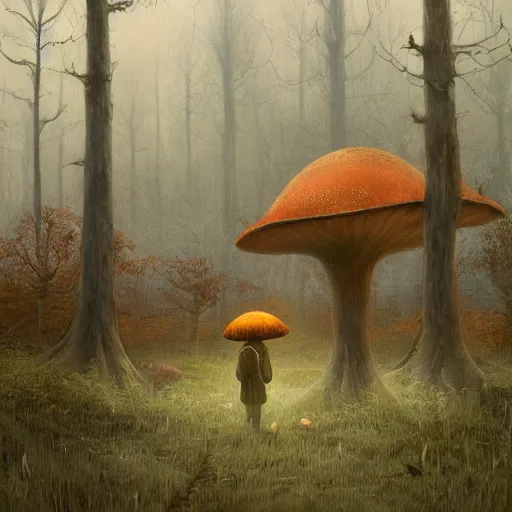 Image similar to an old broken hut mage of huge mushrooms, in an autumn forest, green and brown tones, by Aron Wiesenfeld and beksincki, in the style of of simon stalenhag and Bev dolittle, cinematic, detailed illustration, nature, fog, dark colors, suspense, intricate, 8k in the style