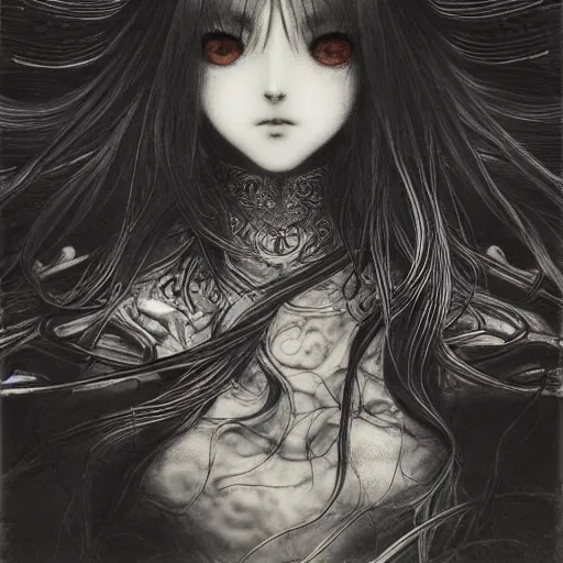 Prompt: yoshitaka amano blurred and dreamy artwork of a manga girl with black eyes, wavy white hair fluttering in the wind wearing elden ring armor and crown with engraving, highly detailed face, abstract black and white patterns on the background, noisy film grain effect, highly detailed, renaissance oil painting, weird portrait angle, blurred lost edges, three quarter view