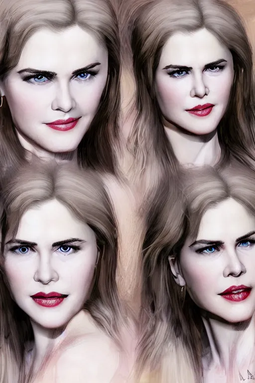 Image similar to mix of beautiful young maria shriver, mariel hemmingway, brooke shields, nicole kidman and elle macpherson as a vampire showing vampire teeth, ready to bite, thin lips, hair tied up in a pony tail, dark blonde hair, colorful, deviantart, artstation, cgsociety