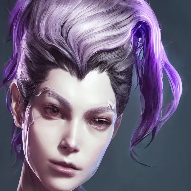 Image similar to facial portrait of a woman in powerful purple sci - fi armor with a black ponytail, elegant, stoic, intense, ultrafine hyperdetailed illustration by kim jung gi, irakli nadar, intricate linework, sharp focus, bright colors, octopath traveler, final fantasy, unreal engine 5 highly rendered, global illumination, radiant light, detailed, intricate environment