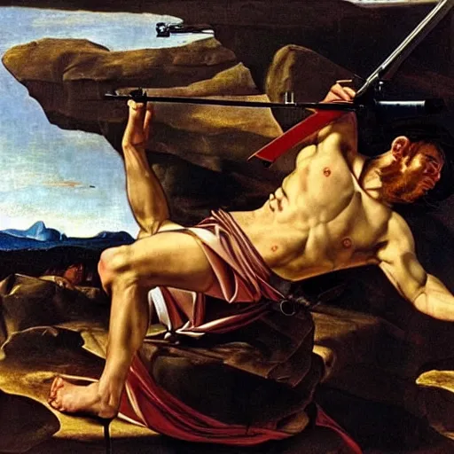 Prompt: Jesus Christ as Rambo hanging from a helicopter and shooting a gun ,Caravaggio