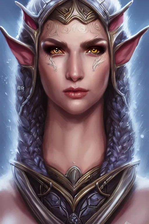 Image similar to head and shoulders portrait of an eldritch knight, elf, beautiful, female, breastplate, magical, high fantasy, d & d, by artgerm, face details, extremely detailed, digital illustration
