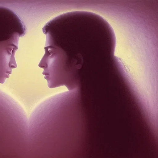 Image similar to perfectly - centered movie promotional poster - photograph of a young indian guy and a beautiful girl side profile faces symmetrical ; real life portrait by beksinski and jean delville, romantic theme, two lovers sharing one heart, unreal engine 5, photorealism, hd quality, 8 k resolution, cinema 4 d, hdr dramatic lighting ; symmetrical, cinematic, high coherence