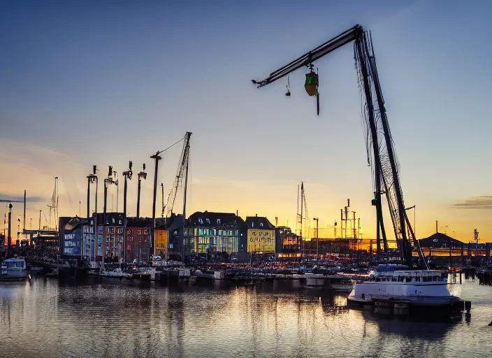 Image similar to photograph of the harbour with its cranes of gothenburg sweden, sun setting, landscape photography, award winning, canon, soft lighting, sony, nikon, 4 k, hd
