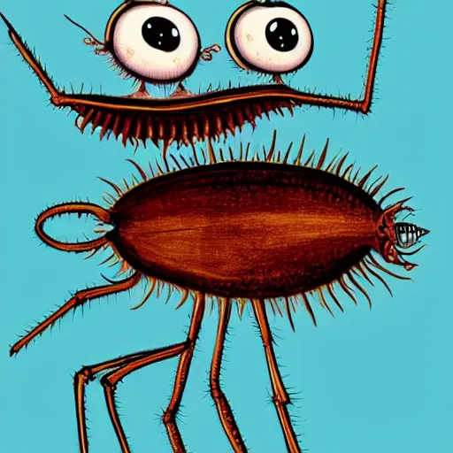 Prompt: anthropomorphous cockroach character, 2d, cartoon style, by Tim Burton