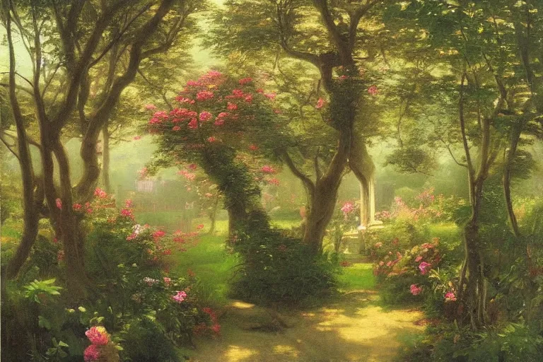 Prompt: secret garden, lush, floral, botanical, romanticism, dreamy, atmospheric, summery, hudson river school