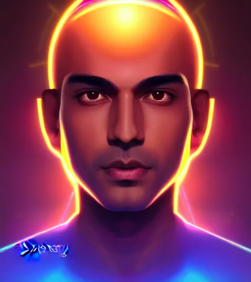 Image similar to symmetry!! indian prince of technology, solid cube of light, hard edges, product render retro - futuristic poster scifi, lasers and neon circuits, brown skin handsome indian prince, intricate, elegant, highly detailed, digital painting, artstation, concept art, smooth, sharp focus, illustration, dreamlike, art by artgerm