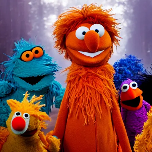 Image similar to a large orange fox muppet wearing a hooded cloak and herding a bunch of random muppet animals following behind through a dark blue forest, sesame street, photograph, photography, ultrarealistic, national geographic