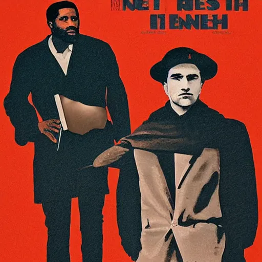 Prompt: movie poster for Tenet in the style of 1960's italian art, with John David Washington and Robert Pattinson